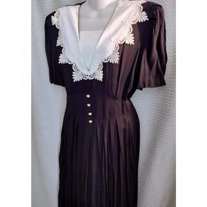 80s S. L. Fashions Navy Blue Dress Big White Lace Collar Pearl Buttons Empire 14